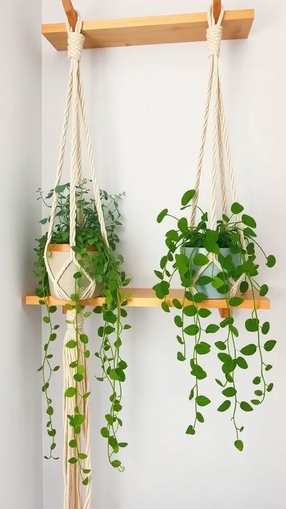 29+ Inspiring Boho Bathroom Shelf Decor Ideas to Transform Your Space 3 Macrame plant hangers with green plants on a wooden shelf
