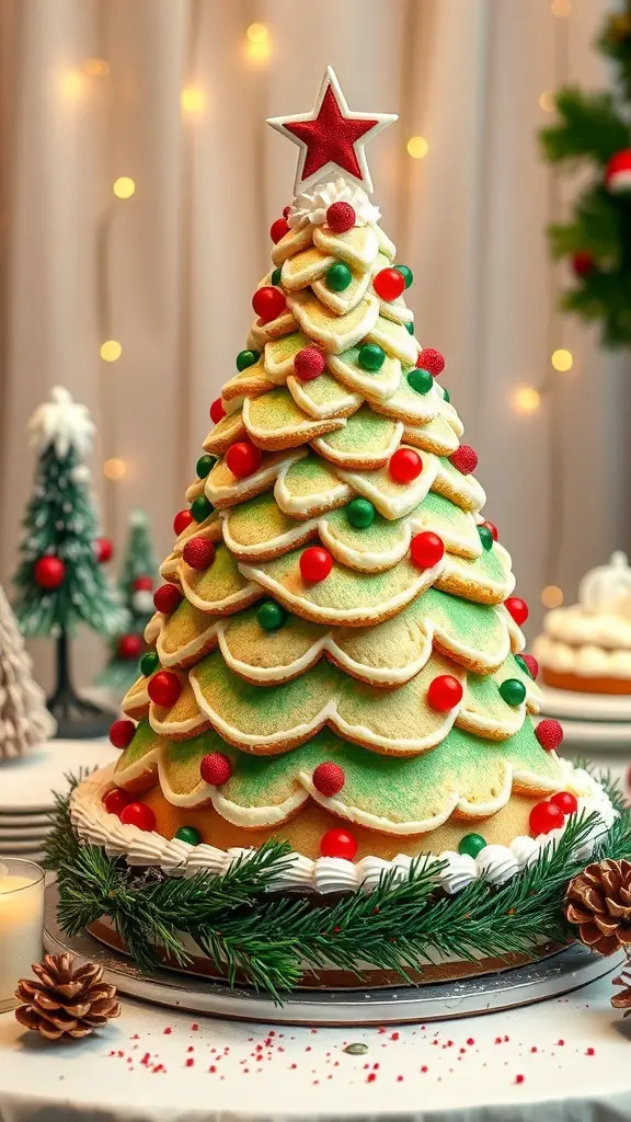 A beautifully decorated layered gingerbread tree cake with colorful candies and a star on top, surrounded by festive decorations.