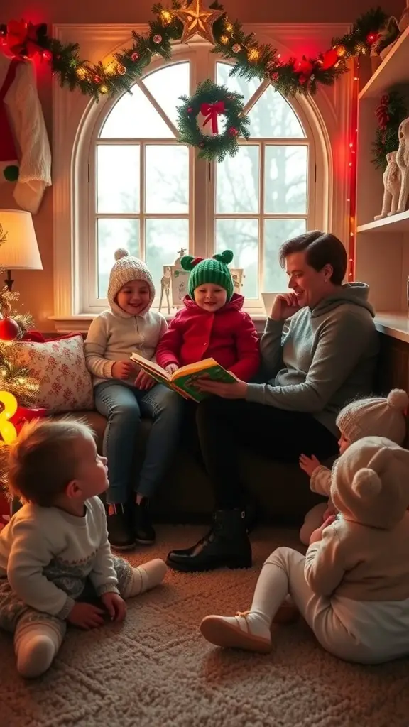 27+ Fun Christmas Activities for Toddlers 7 A cozy Christmas scene with a parent reading a story to a toddler, surrounded by festive decorations.