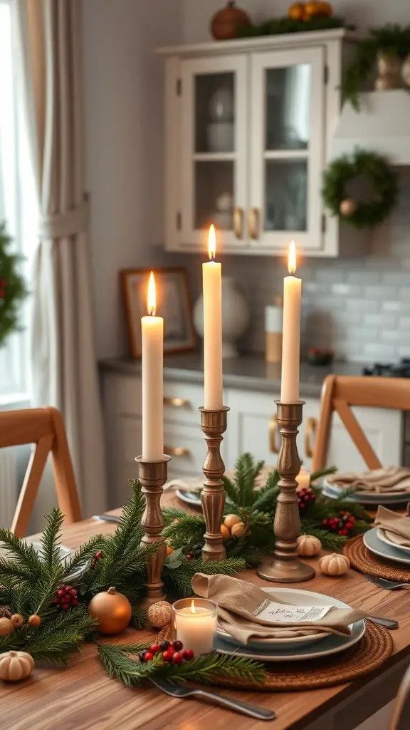 A cozy kitchen table decorated with tall candles, greenery, and festive ornaments.