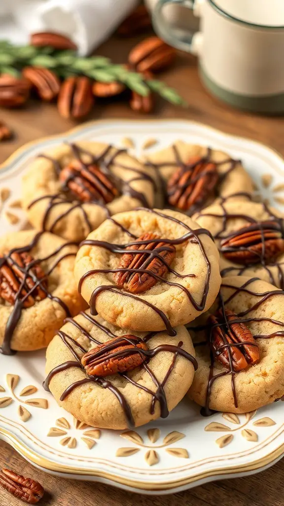 A plate of Caramel Pecan Turtle Cookies topped with chocolate drizzle and pecans.