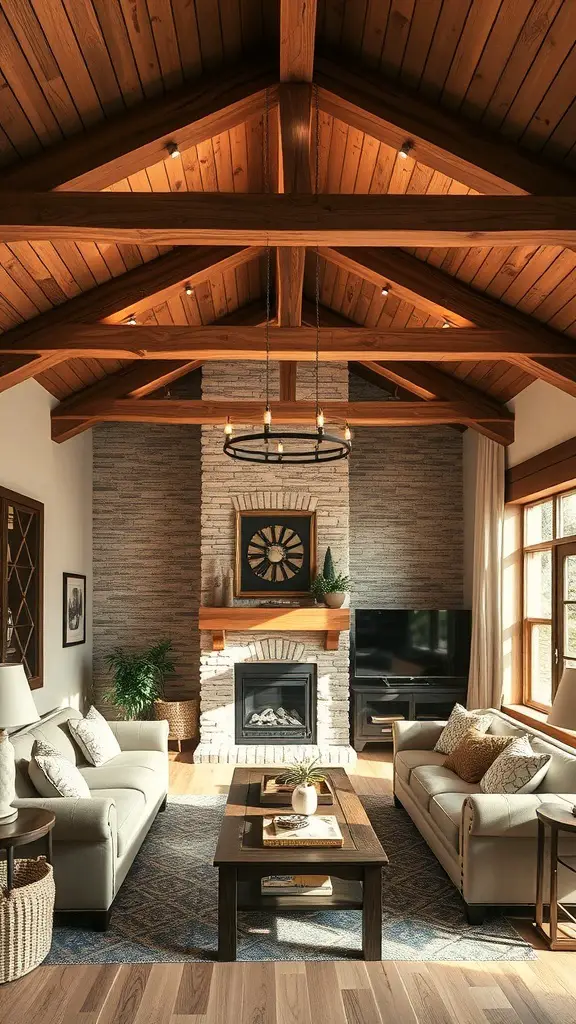 27+ Stunning Wall Molding Ideas to Transform Your Space 6 A cozy living room featuring wooden box beams on the ceiling, a stone fireplace, and comfortable seating.