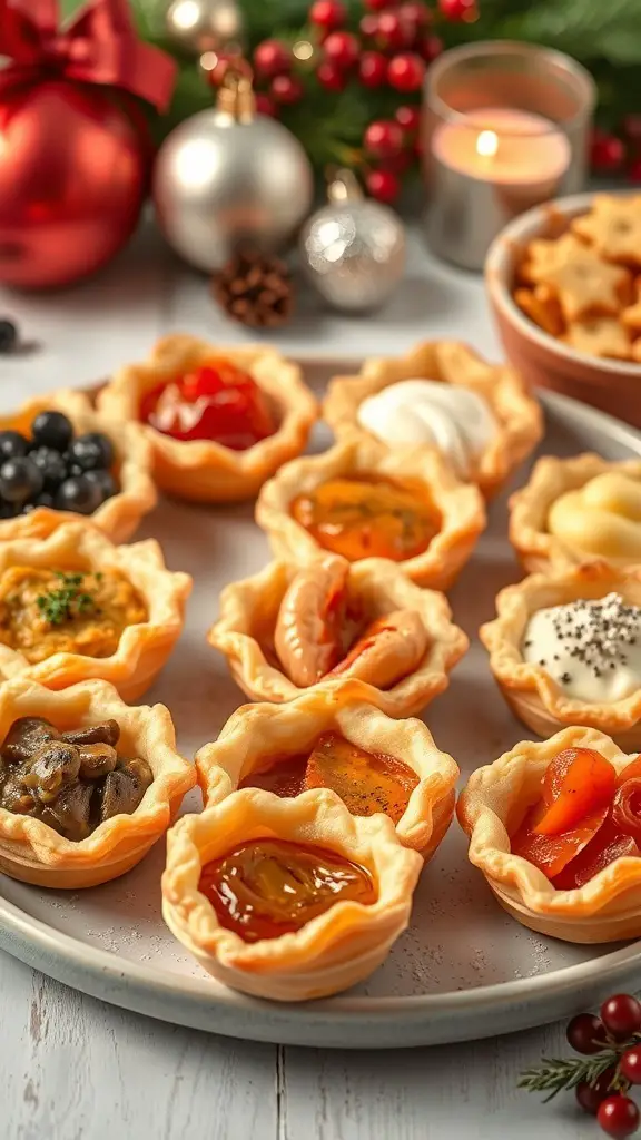 A platter of savory puff pastry bites filled with various toppings, set against a festive background.