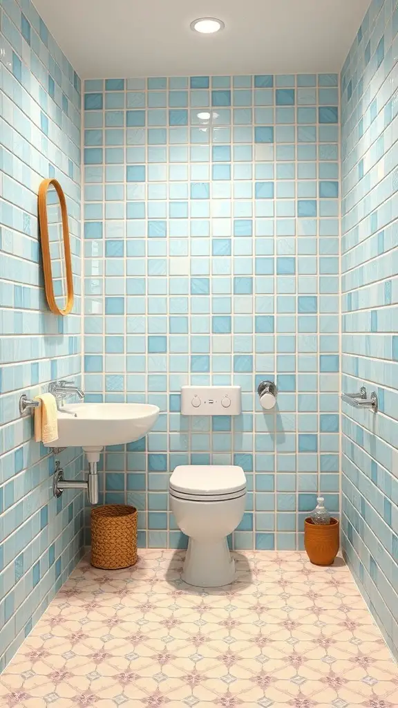 A small bathroom with light blue tiled walls, white grout, and a patterned floor.