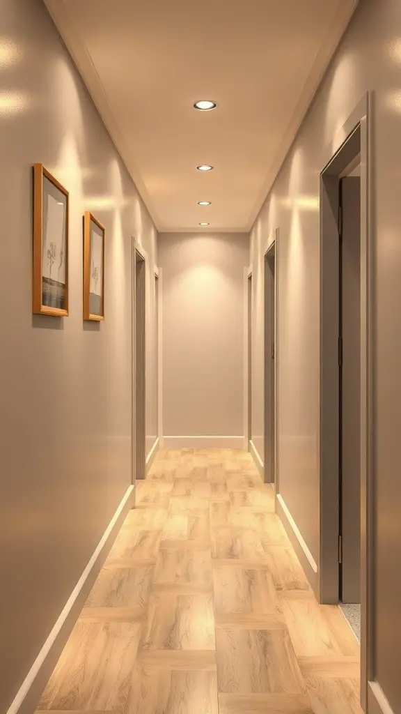 27+ Stunning Wall Paint Designs to Transform Your Space 10 A well-lit hallway with metallic accents on the walls and wooden flooring.