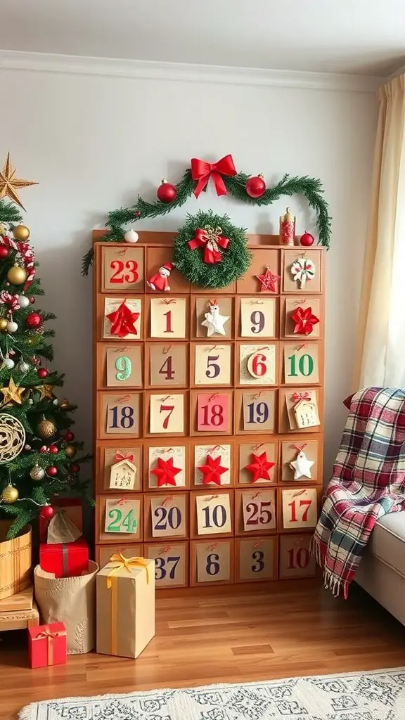 25+ Creative Christmas Decor Ideas for Your Living Room 14 A creative advent calendar display with wooden boxes, colorful decorations, and a wreath, set in a cozy living room.