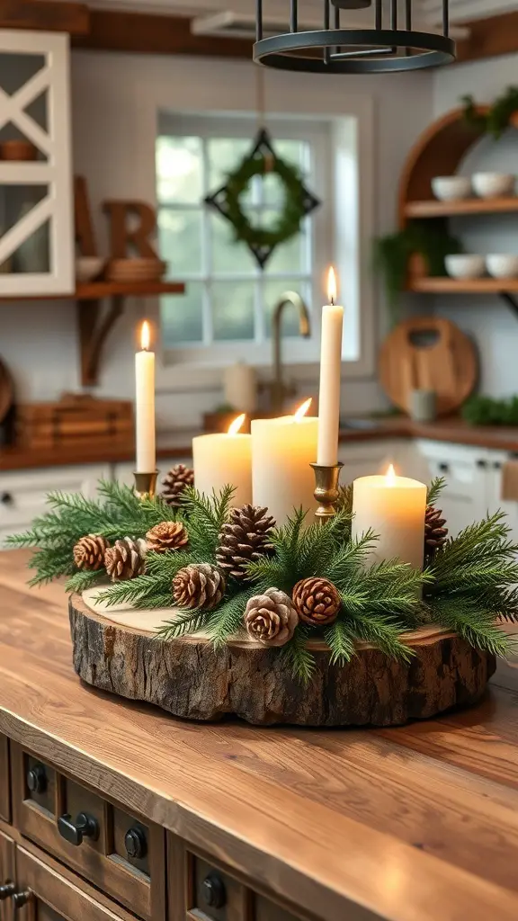 Rustic wood centerpiece with candles and pinecones on a kitchen island