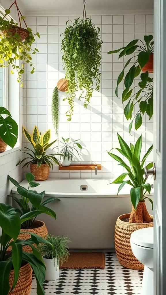 27+ Stunning Mid Century Modern Bathroom Ideas You'll Love 13 A mid-century modern bathroom filled with various indoor plants, showcasing a refreshing and lively atmosphere.