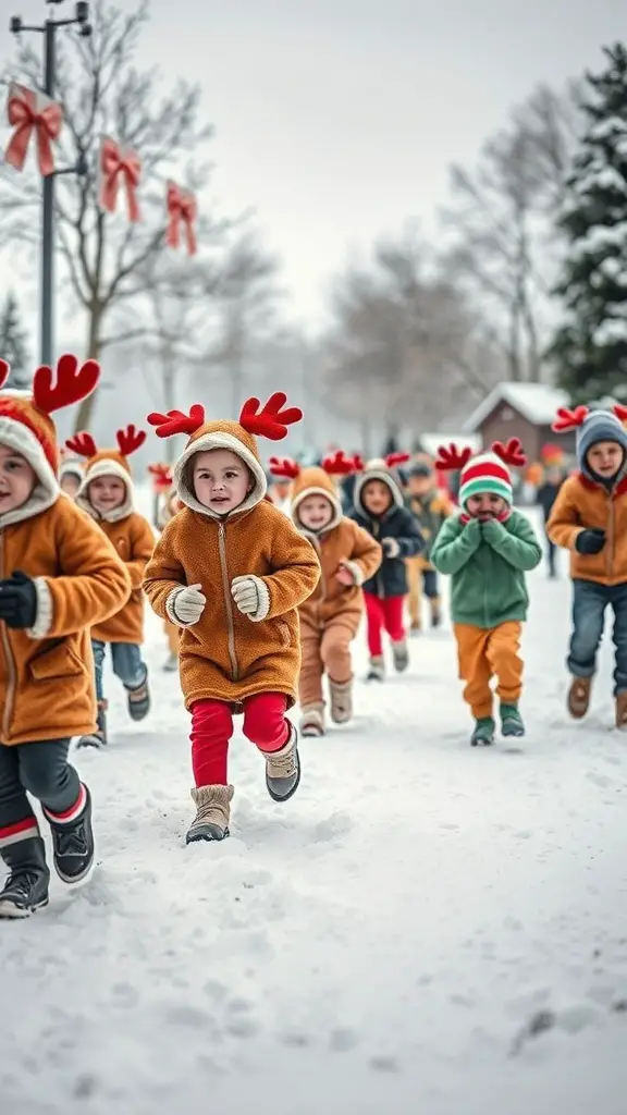 Children in reindeer costumes running in a snowy landscape