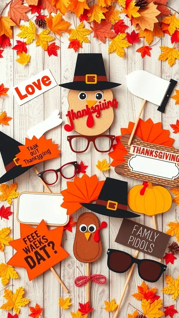 25+ Creative Thanksgiving Crafts for Adults 11 Colorful Thanksgiving photo booth props including glasses, hats, and speech bubbles on a wooden background with autumn leaves.