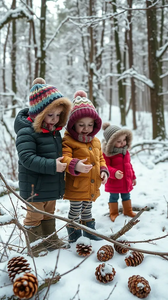 27+ Fun Christmas Activities for Kids to Enjoy This Holiday Season 14 Children exploring a snowy forest, collecting pinecones and enjoying winter nature.