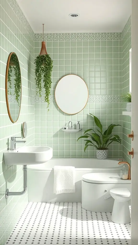 23+ Inspiring Green Bathroom Ideas for a Refreshing Makeover 16 A stylish green and white bathroom featuring soft green tiles, white fixtures, round mirrors, and plants.