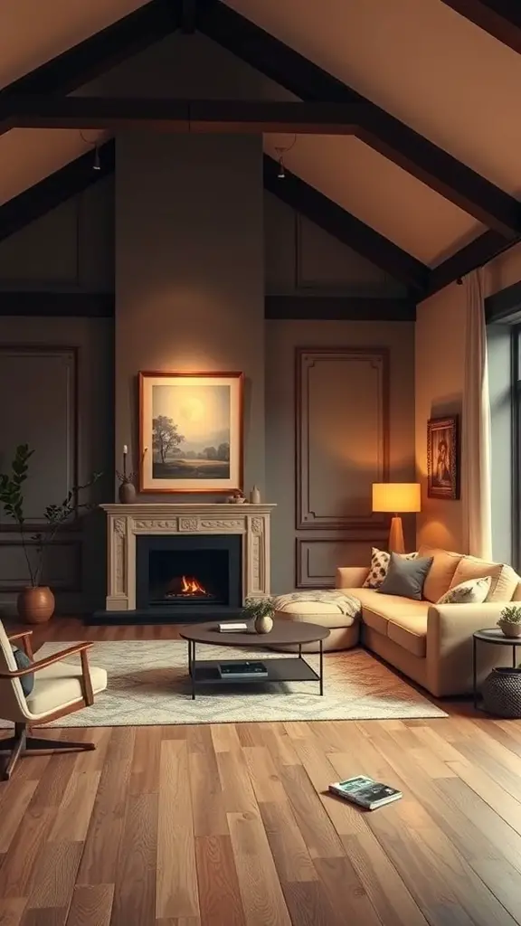 Cozy living room with light walls and dark trim, featuring a fireplace and warm lighting.