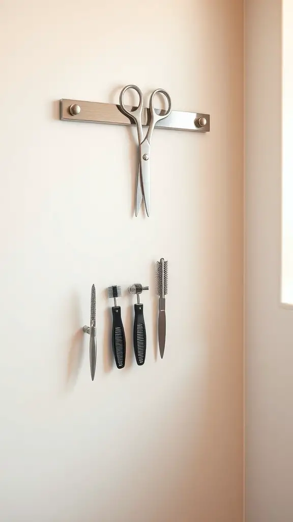 25+ Must-Try Minimalist Bathroom Organization Ideas 6 Magnetic strip mounted on a wall holding various bathroom tools like scissors and brushes.