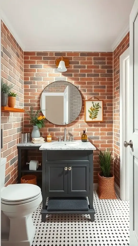 23+ Stunning Bathroom Brick Wall Accent Ideas You Need to Try 12 A cozy bathroom featuring a brick accent wall, dark vanity, round mirror, and plants.
