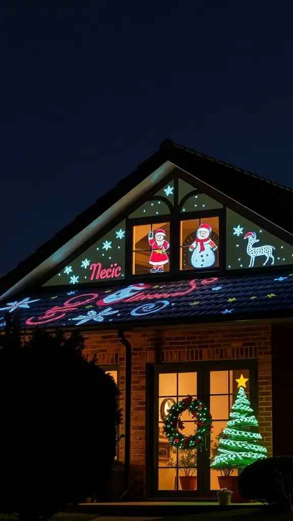 27+ Stunning Roof Christmas Light Ideas to Brighten Your Holidays 8 A house decorated with Christmas lights and projector displays featuring snowmen, Santa, and a Christmas tree.