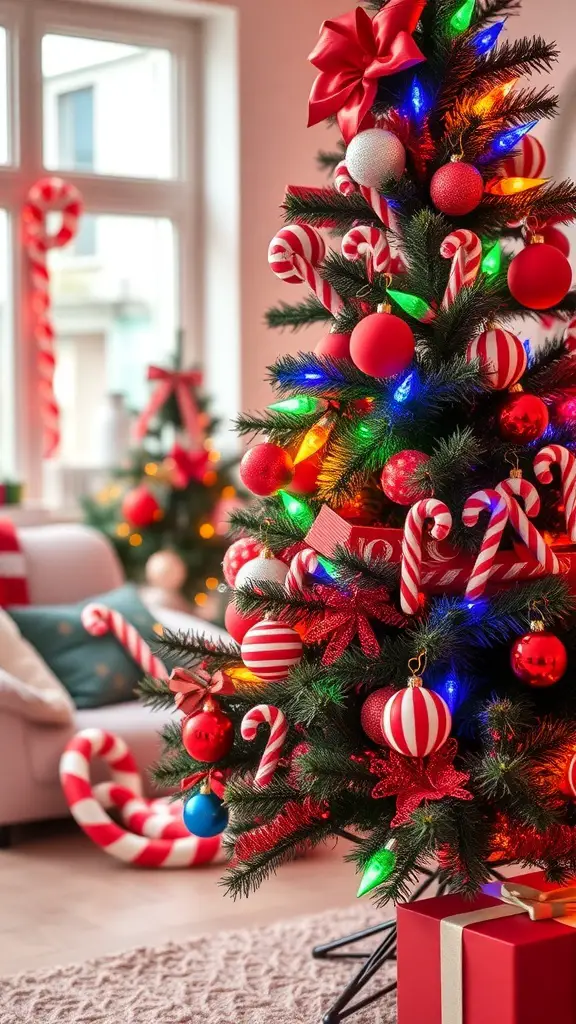 A Christmas tree decorated with red and white ornaments, candy cane decorations, and colorful lights.