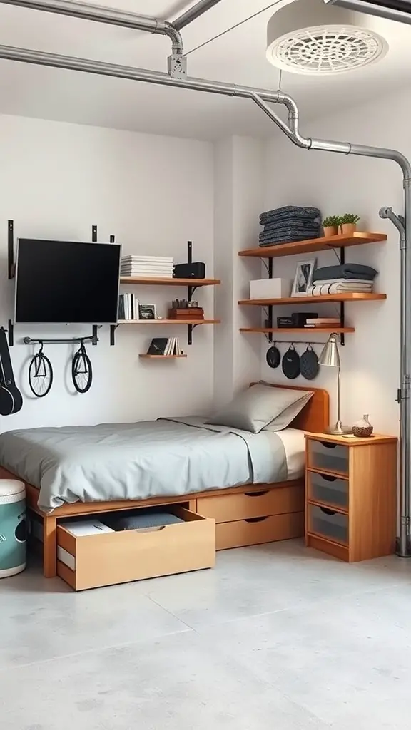 27+ Inspiring Small Garage Apartment Ideas for Cozy Living 15 Cozy small garage apartment with smart storage solutions including a bed with drawers and wall-mounted shelves.