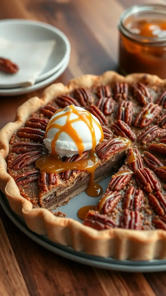 27+ Must-Have Dishes for the Ultimate Thanksgiving Spread 11 A delicious pecan pie topped with caramel drizzle and whipped cream, served on a wooden table.
