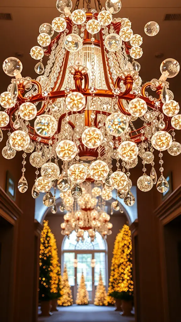 29+ Stunning Christmas Chandelier Ideas to Brighten Your Holidays 16 A sparkling crystal ball chandelier hanging in a hallway with Christmas trees in the background.