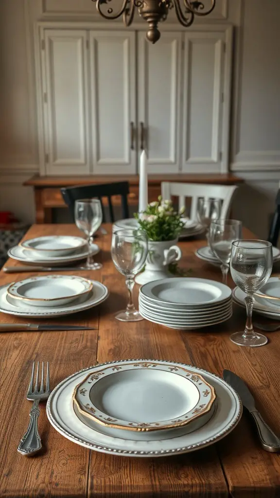 A beautifully set dining table with vintage tableware, including plates, glasses, and cutlery.