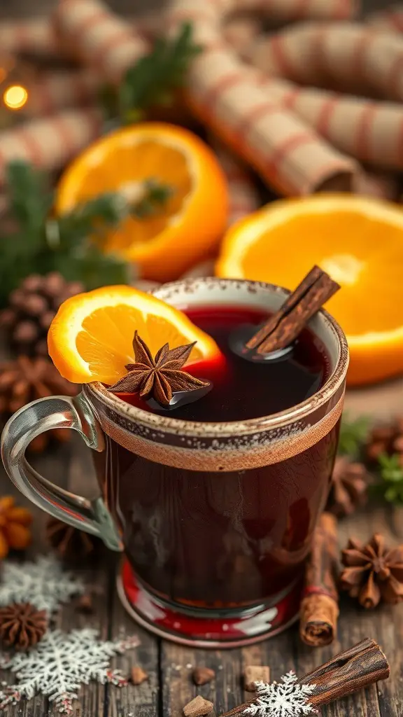 27+ Must-Have Dishes for the Ultimate Thanksgiving Spread 15 A glass of mulled wine garnished with an orange slice and star anise, surrounded by spices and festive decorations.