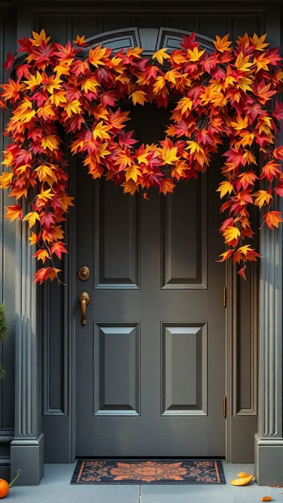 A door decorated with a vibrant fall leaf garland in shades of red, orange, and yellow.