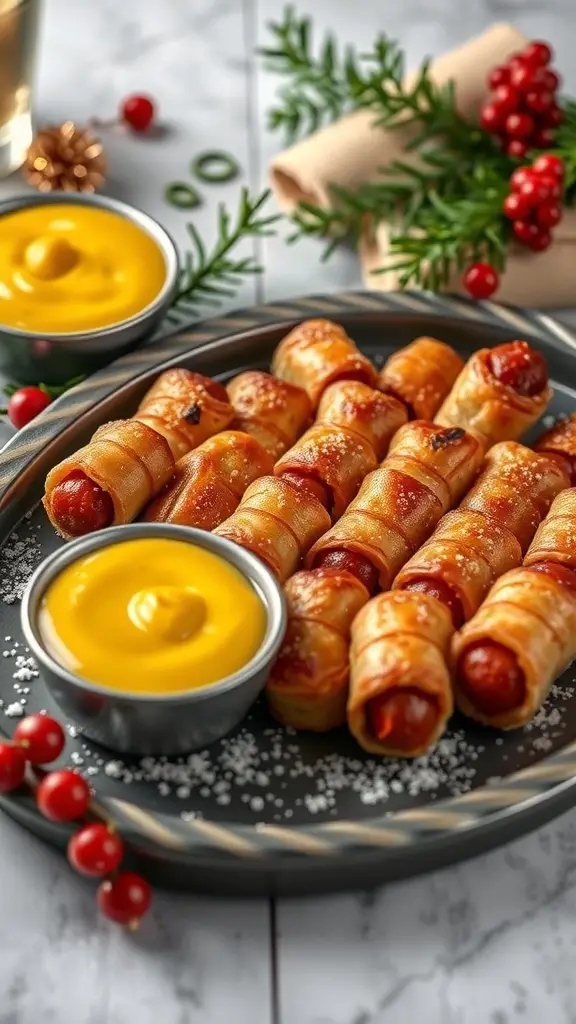 A platter of pigs in a blanket with mustard on the side, garnished with festive decorations.