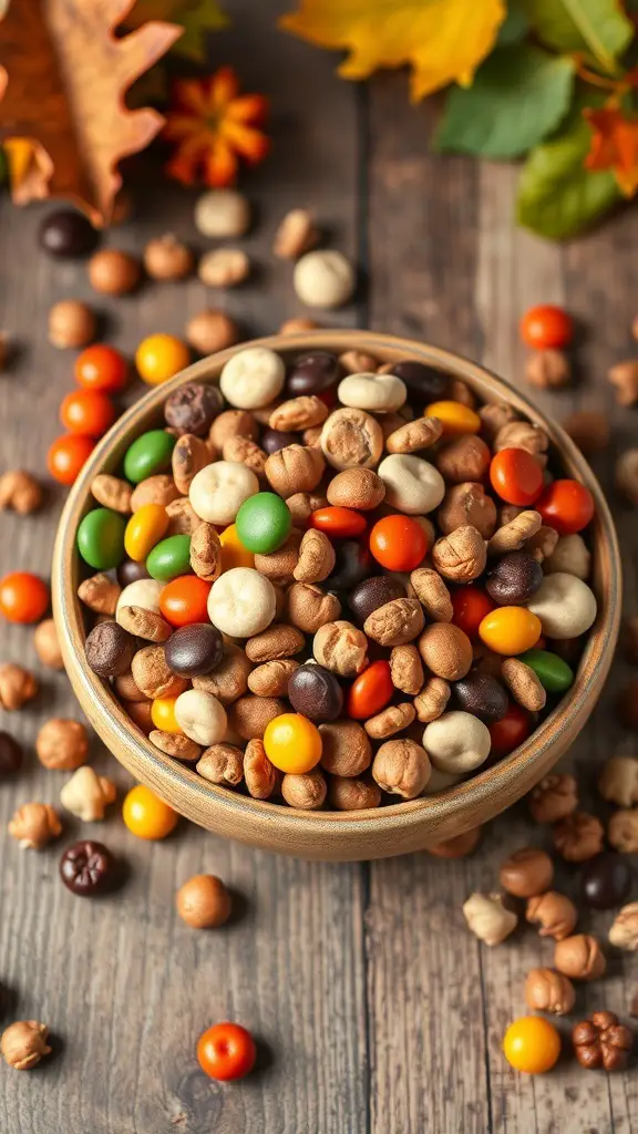 A bowl of colorful Thanksgiving trail mix with nuts and candies on a wooden surface.