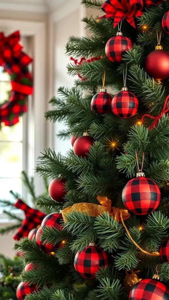 A beautifully decorated Christmas tree featuring classic buffalo plaid ornaments in red and black.