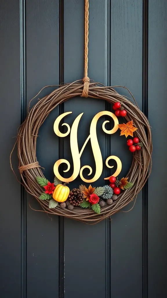 A grapevine wreath featuring a personalized monogram, adorned with colorful leaves, a small pumpkin, and pinecones.