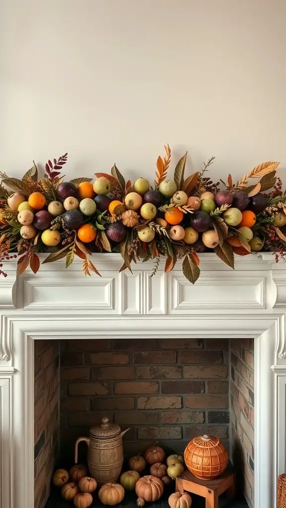 A decorative garland made of colorful fruits and leaves, displayed above a fireplace.