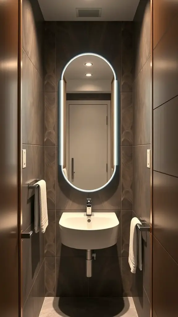 29+ Stunning Vertical Mirror Ideas to Transform Your Narrow Bathroom 9 A narrow bathroom featuring an oval mirror with illuminated edges, modern sink, and dark tiled walls.
