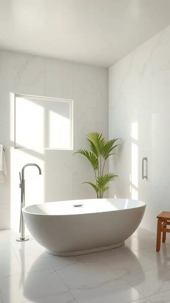 27+ Stunning Mid Century Modern Bathroom Ideas You'll Love 5 A modern freestanding bathtub in a bright bathroom with natural light and a plant.