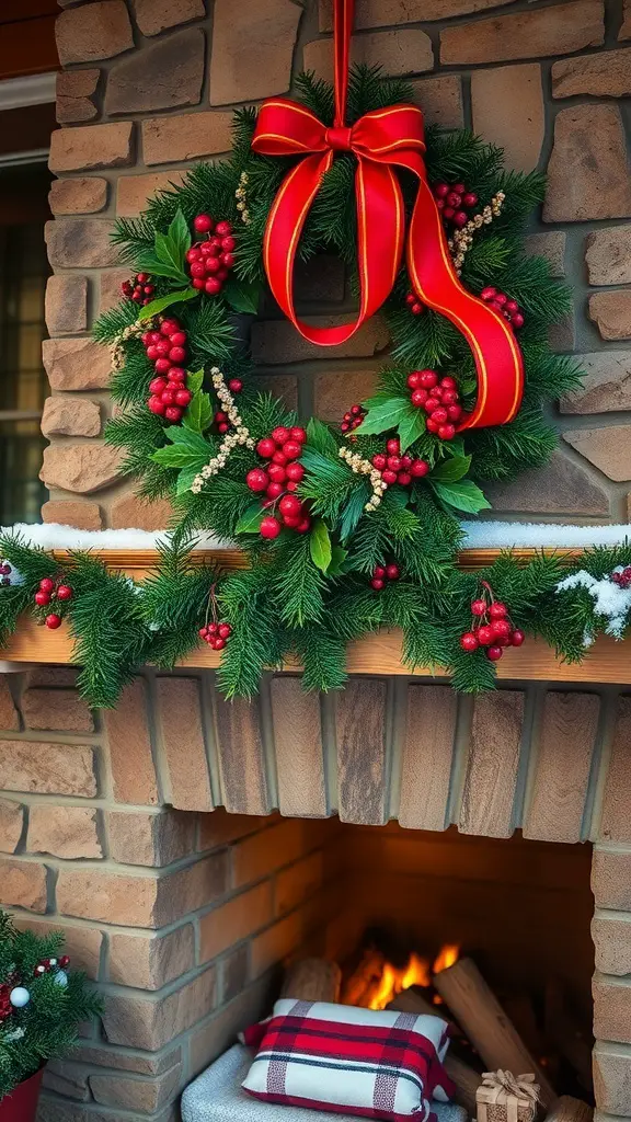 A Christmas wreath with red berries and a red ribbon, hanging above a fireplace.