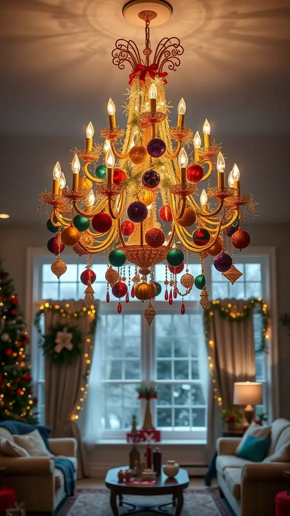 29+ Stunning Christmas Chandelier Ideas to Brighten Your Holidays 4 A whimsical chandelier filled with colorful ornaments, illuminating a cozy living room decorated for Christmas.