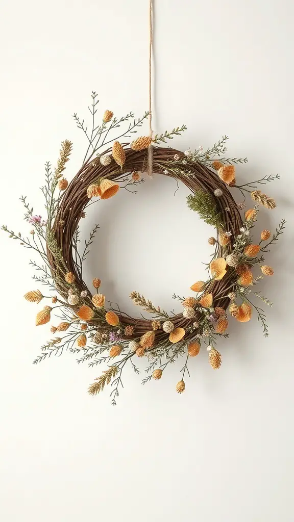 A natural dried flower wreath made with a grapevine base and various dried flowers.