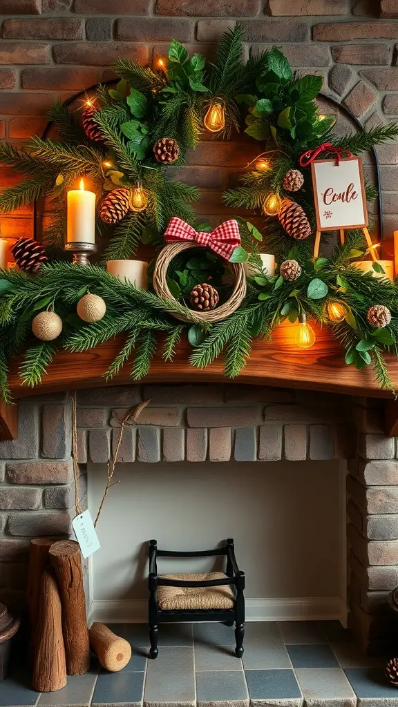 A rustic fireplace mantle decorated with greenery, pinecones, and warm lights.