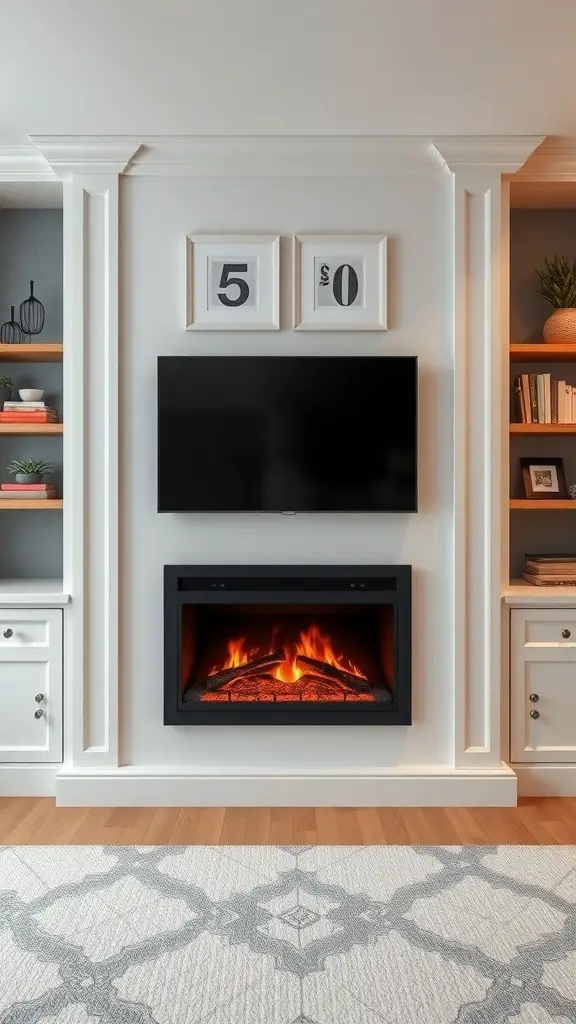29+ Stylish Electric Fireplace Ideas to Transform Your Home 5 A modern built-in wall unit featuring an electric fireplace and a mounted TV, with shelves on either side.