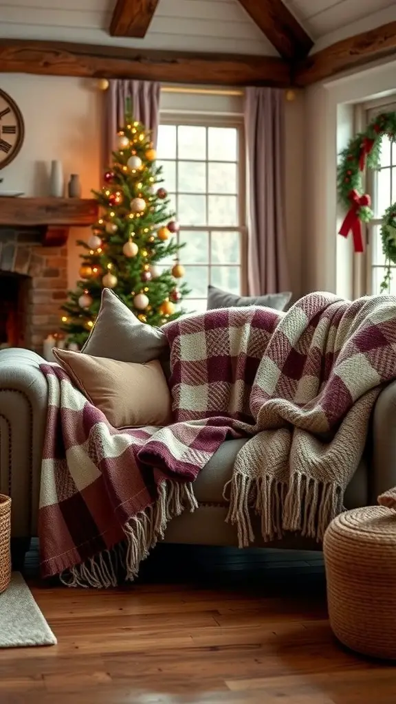 A cozy couch with wool throw blankets and a Christmas tree in the background