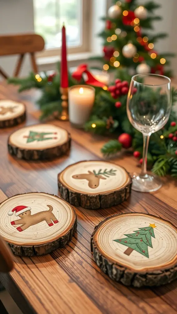 Wood slice coasters with holiday designs on a festive table setting