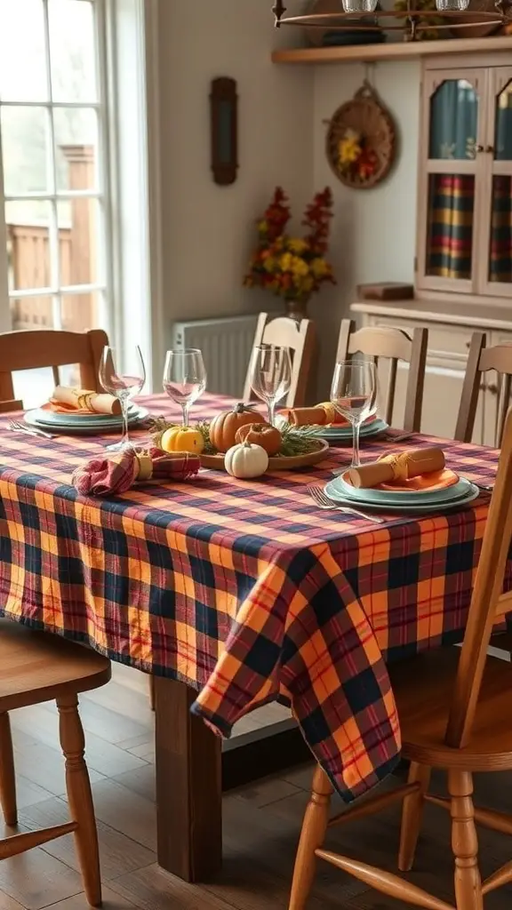 A cozy Thanksgiving dining table set with a plaid tablecloth, matching napkins, and decorative pumpkins.