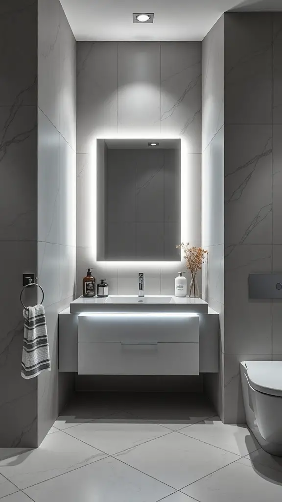 Modern bathroom corner vanity with integrated lighting and sleek design.