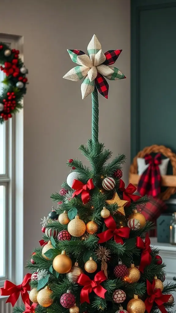 A decorative Buffalo plaid star tree topper on a Christmas tree adorned with red bows and gold ornaments.