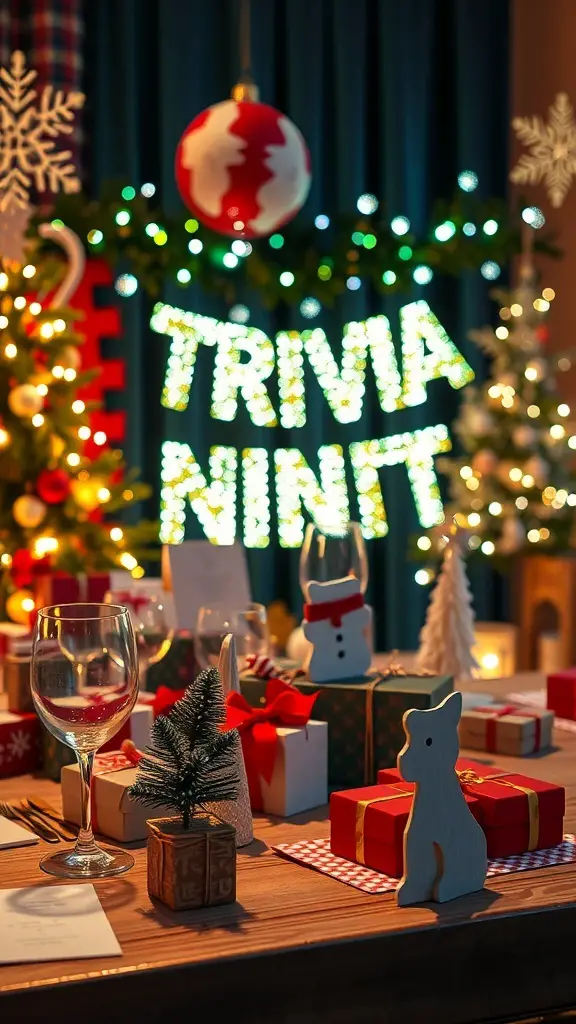 A festive table setting with decorations, gifts, and a sign that reads 'TRIVIA NIGHT'.