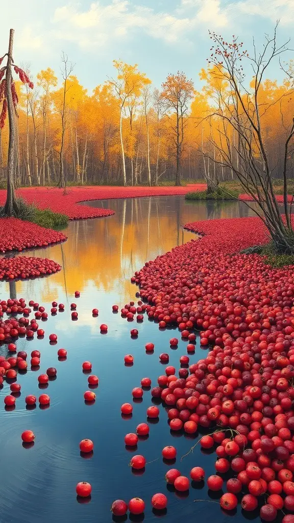A serene cranberry bog with red cranberries floating on water, surrounded by autumn trees.