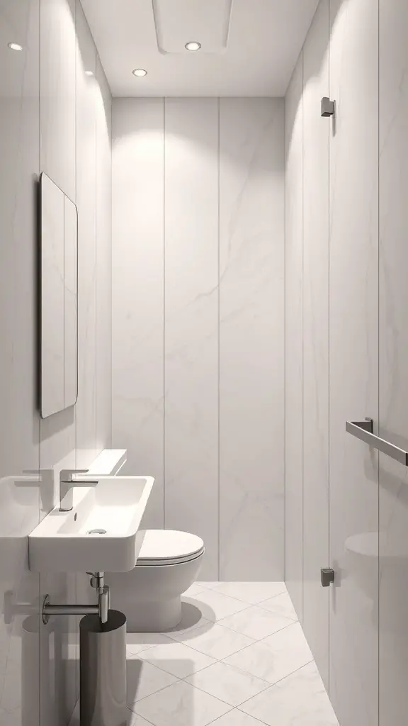29+ Stunning Vertical Mirror Ideas to Transform Your Narrow Bathroom 3 Modern narrow bathroom with mirror wall panels and minimalist design
