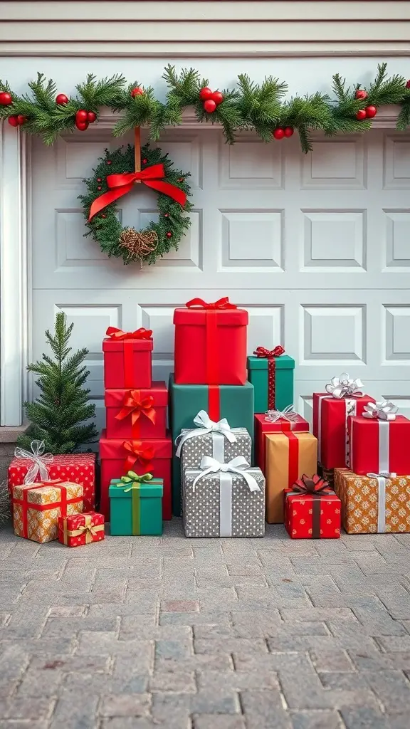 29+ Creative Garage Door Christmas Decorations You'll Love 12 A festive garage door display with colorful gift boxes and a holiday wreath.