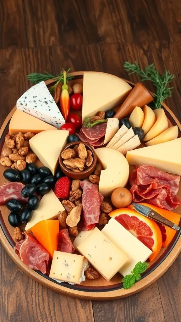 A festive cheese and charcuterie board with various cheeses, cured meats, nuts, olives, and fresh fruits.