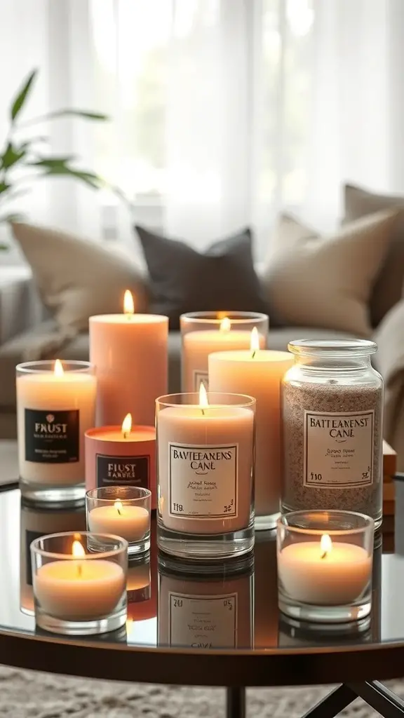 An assortment of scented candles arranged on a table, creating a calming atmosphere.